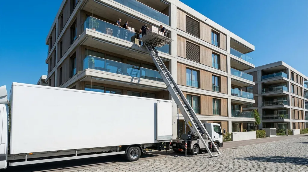 Möbellift an einem Wohngebäude am Umzugstag