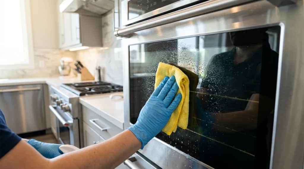 Reinigung des Backofens mit Handschuhen